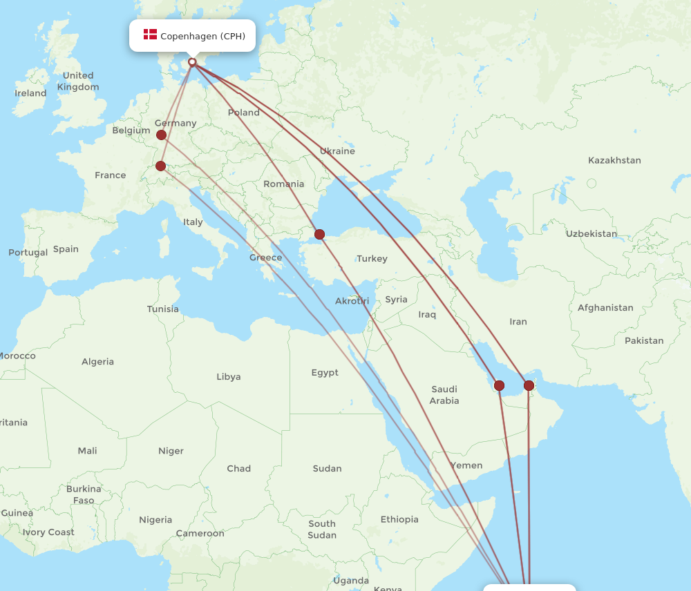 All flight routes from Copenhagen to Mahe Island, CPH to SEZ - Flight ...