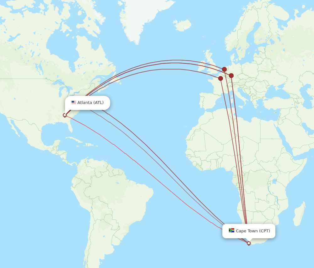 All flight routes from Cape Town to Atlanta, CPT to ATL - Flight Routes