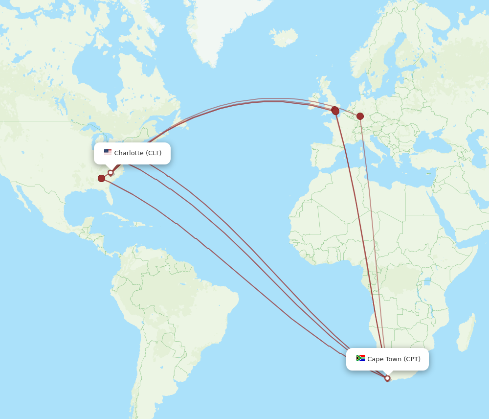 All flight routes from Cape Town to Charlotte, CPT to CLT - Flight Routes