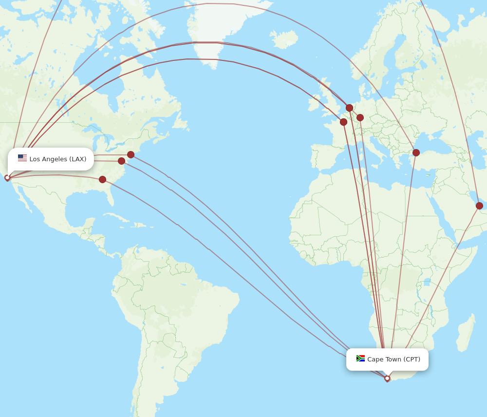 All flight routes from Cape Town to Los Angeles, CPT to LAX - Flight Routes