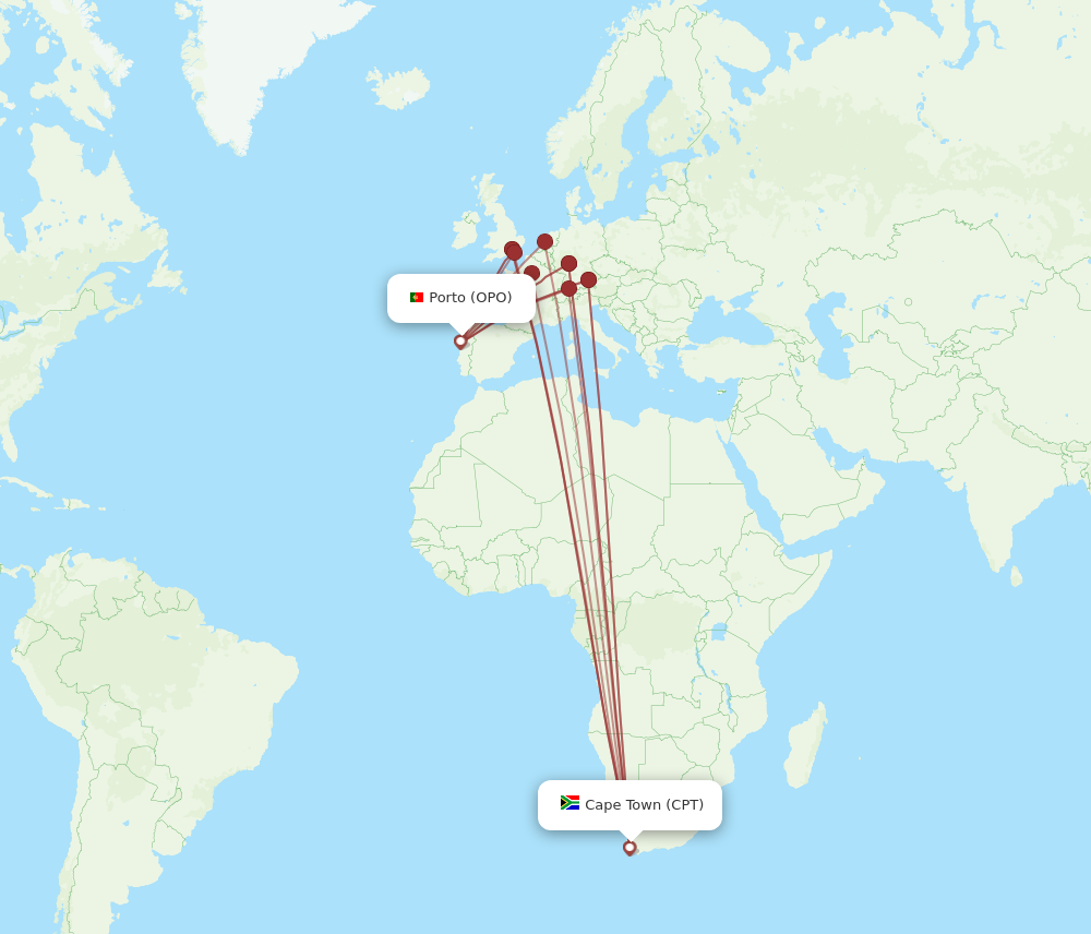 All flight routes from Cape Town to Porto, CPT to OPO - Flight Routes