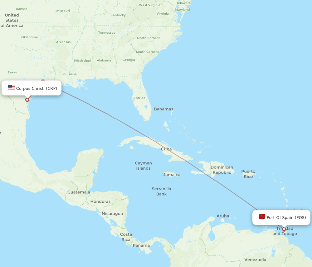 All flight routes from Corpus Christi to Port Of Spain, CRP to POS ...