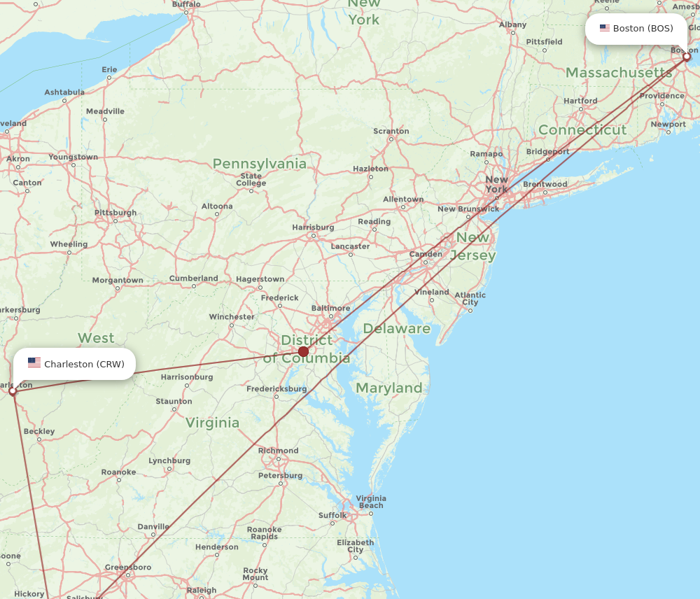 All flight routes from Charleston to Boston, CRW to BOS - Flight Routes