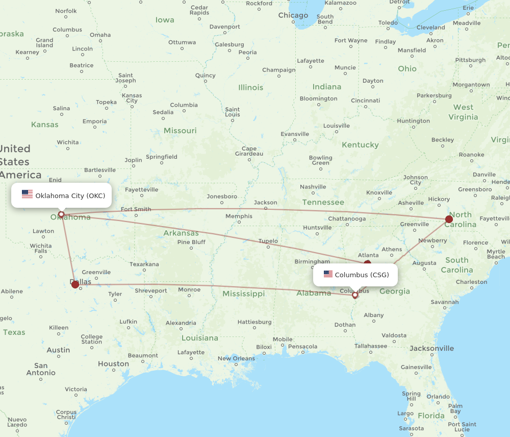 Flights from Columbus to Oklahoma City CSG to OKC Flight Routes