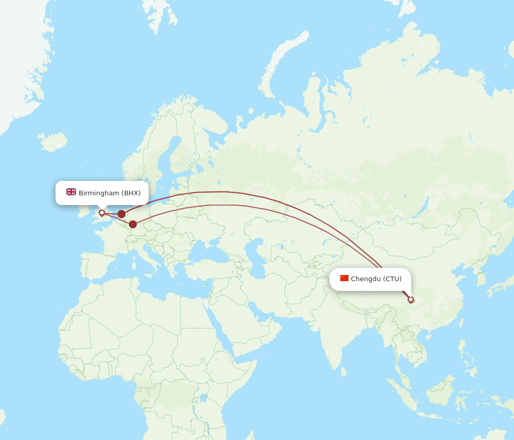CTU to BHX flights and routes map