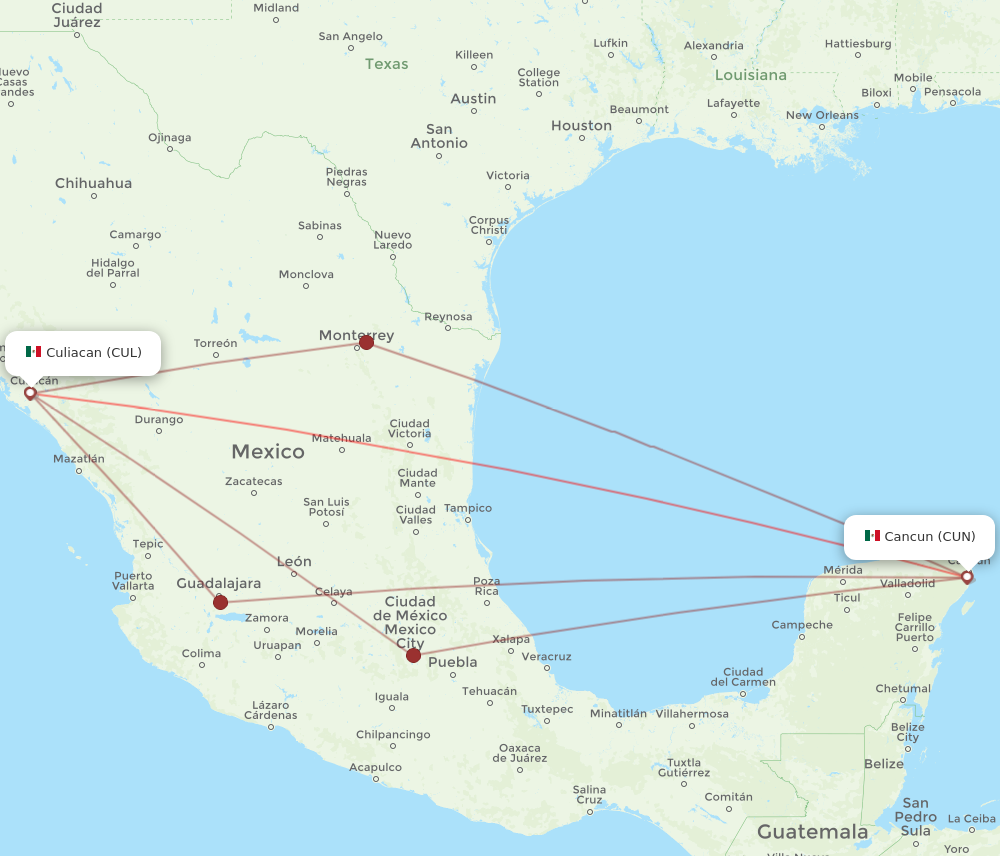 All flight routes from Culiacan to Cancun, CUL to CUN - Flight Routes