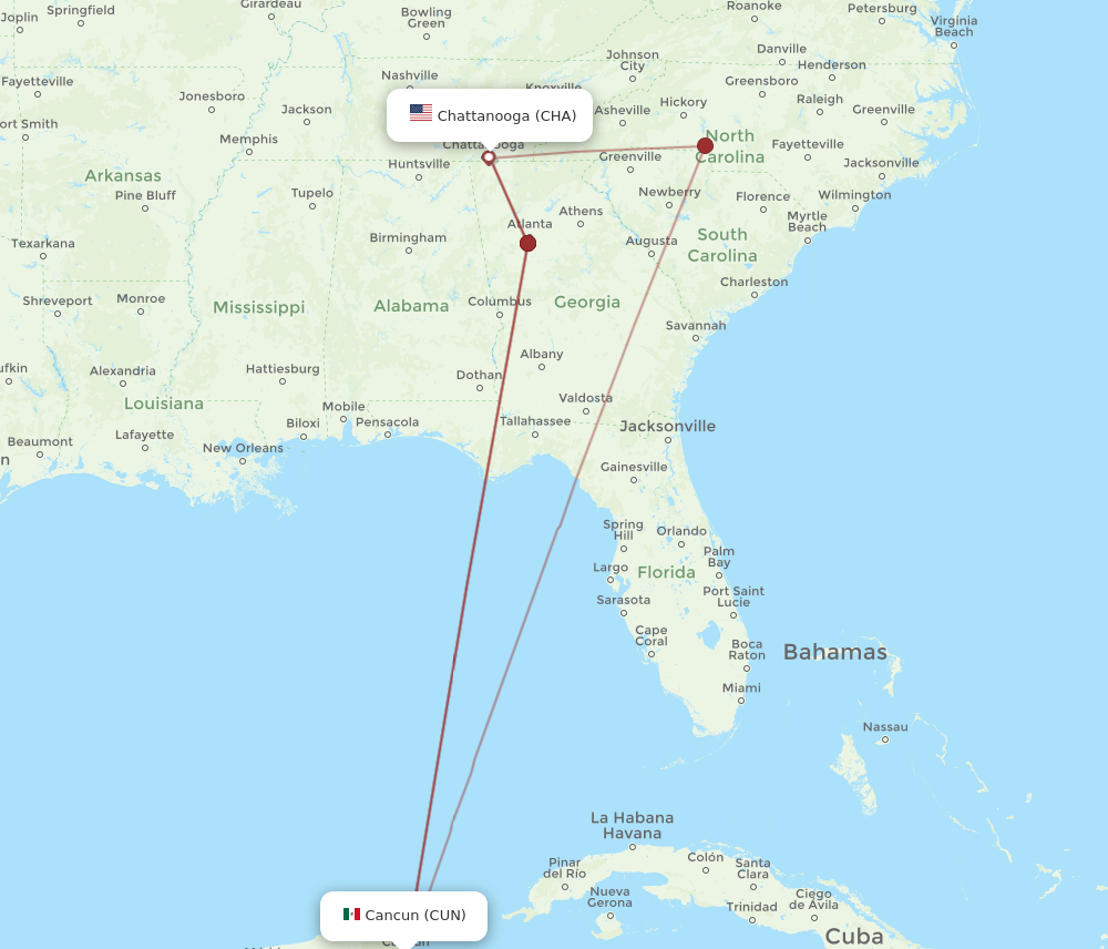 Flights from Cancun to Chattanooga CUN to CHA Flight Routes