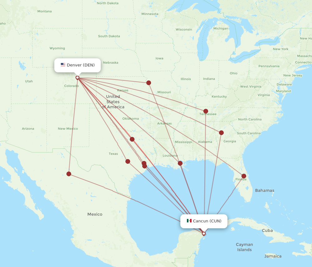 All flight routes from Cancun to Denver, CUN to DEN - Flight Routes