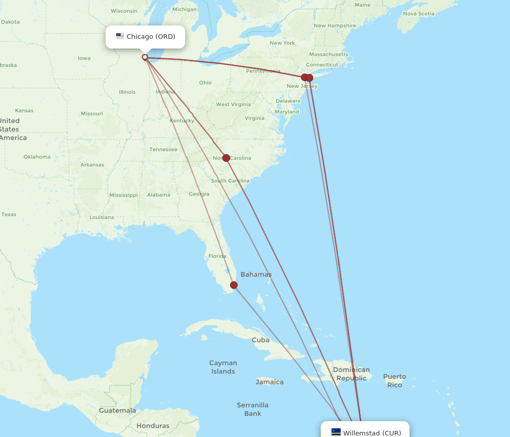 All flight routes from Curacao to Chicago, CUR to ORD - Flight Routes