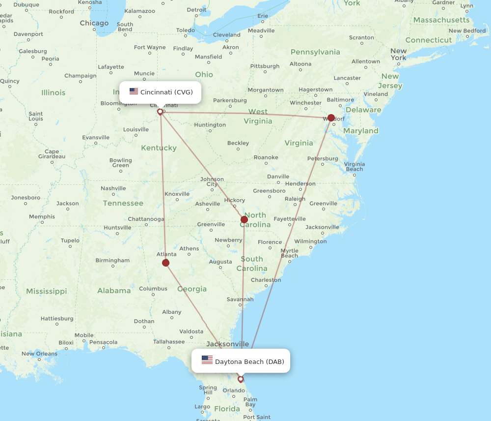 All Flight Routes From Cincinnati To Daytona Beach Cvg To Dab Flight Routes 6432