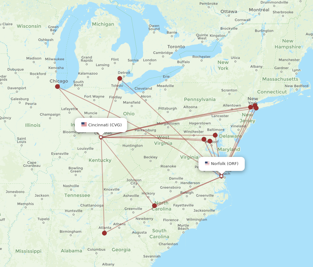 All Flight Routes From Cincinnati To Norfolk, CVG To ORF - Flight Routes