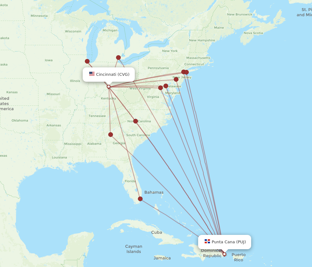 All flight routes from Cincinnati to Punta Cana, CVG to PUJ - Flight Routes