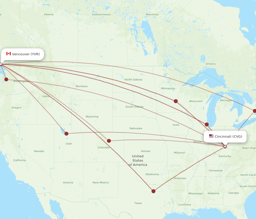 All flight routes from Cincinnati to Vancouver, CVG to YVR - Flight Routes