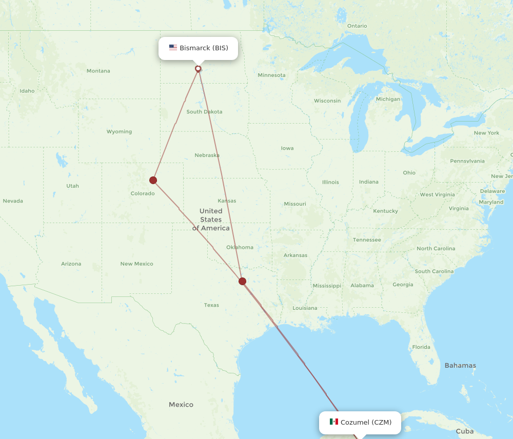 Flights from Cozumel to Bismarck CZM to BIS Flight Routes