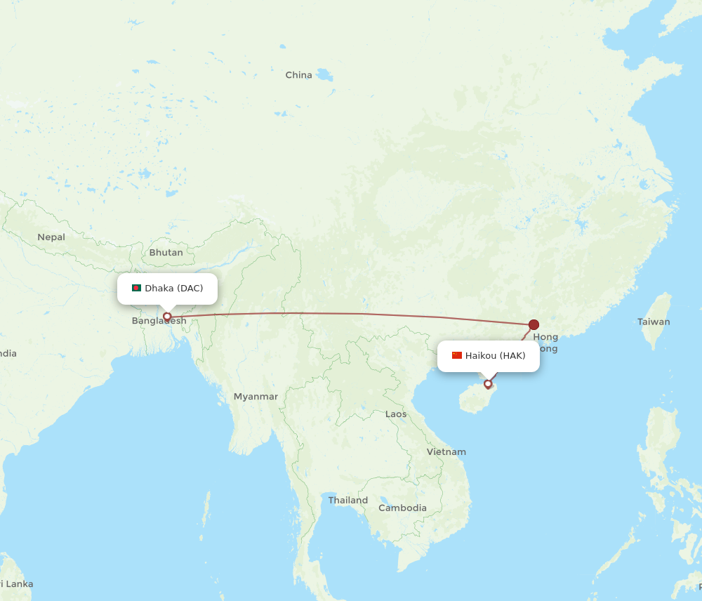 All flight routes from Dhaka to Haikou, DAC to HAK - Flight Routes