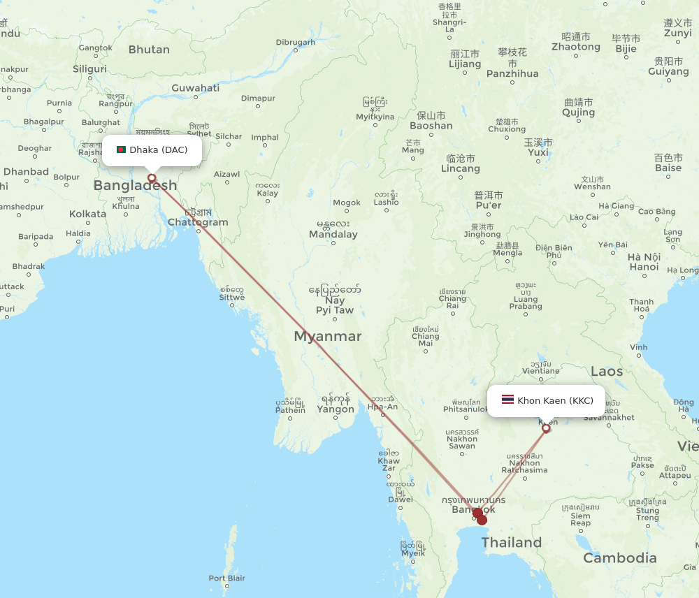 All Flight Routes From Dhaka To Khon Kaen, DAC To KKC - Flight Routes