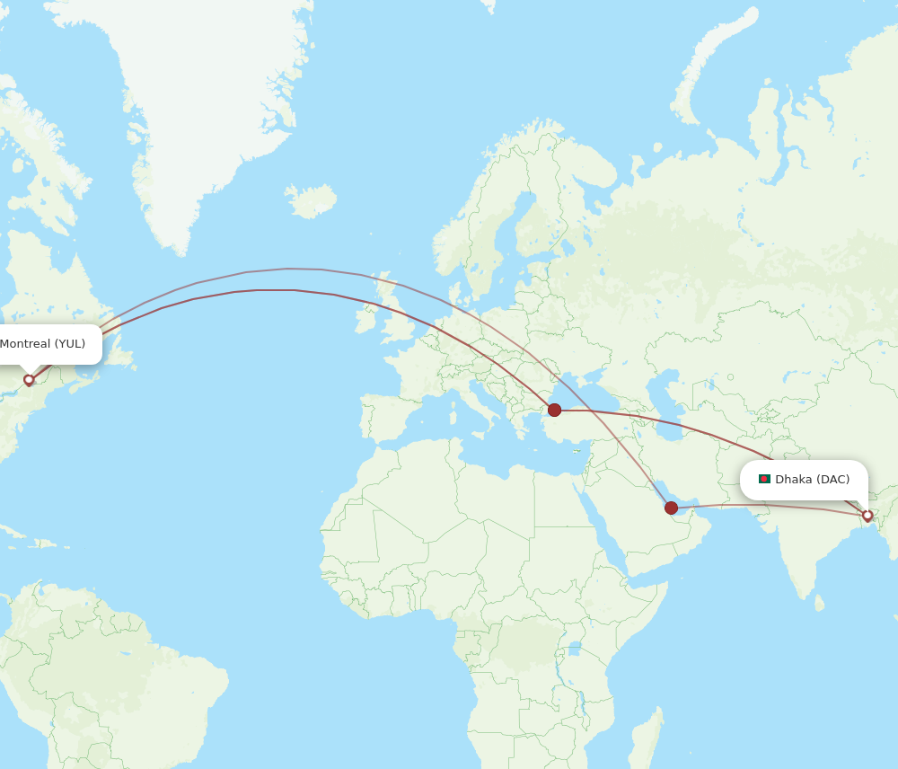 All Flight Routes From Dhaka To Montreal, DAC To YUL - Flight Routes