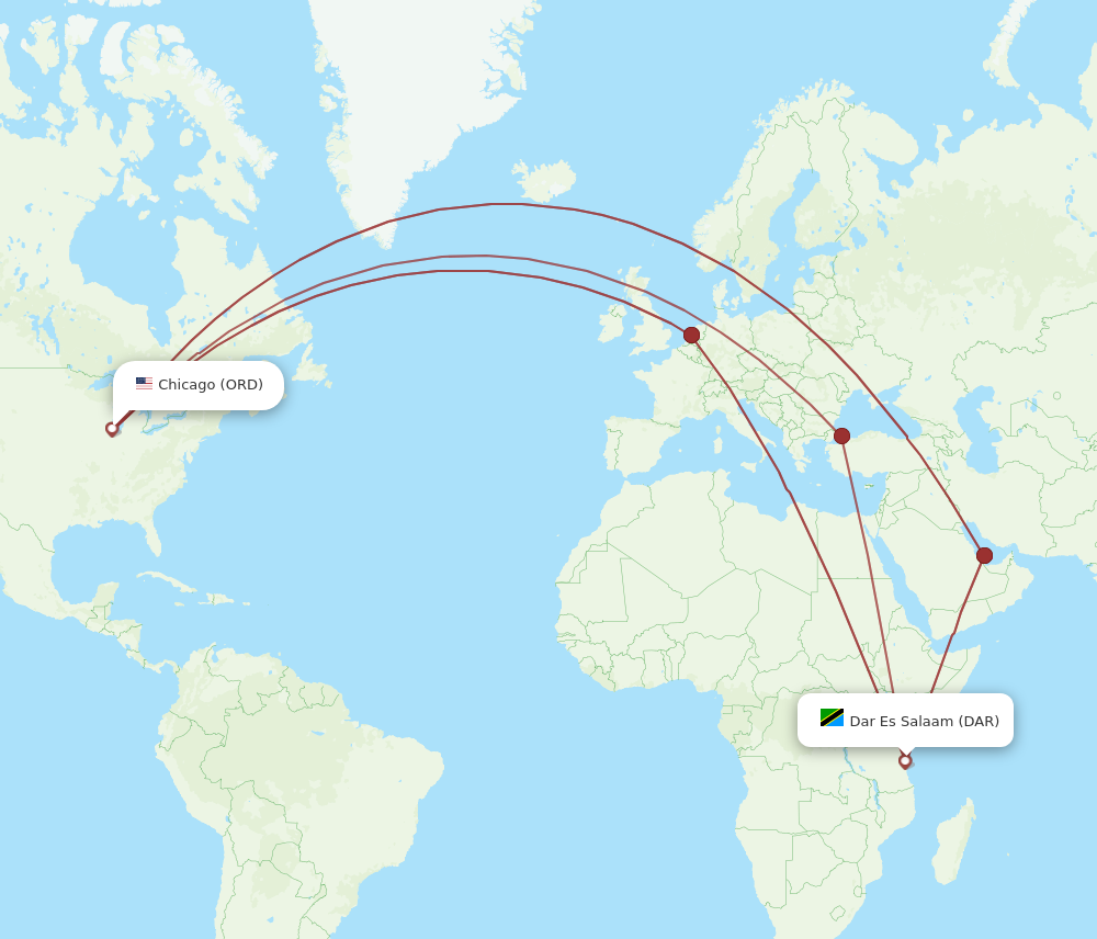 All flight routes from Dar Es Salaam to Chicago, DAR to ORD - Flight Routes