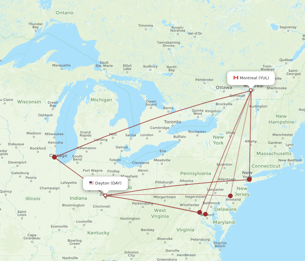 All Flight Routes From Dayton To Montreal, DAY To YUL - Flight Routes