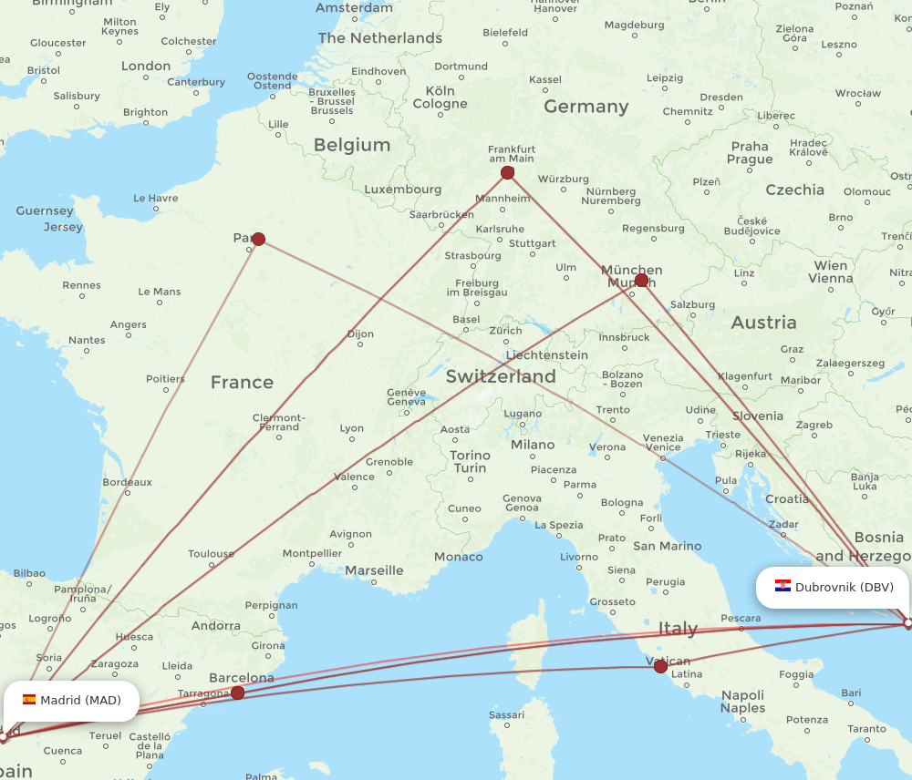 Flights from Dubrovnik to Madrid DBV to MAD Flight Routes