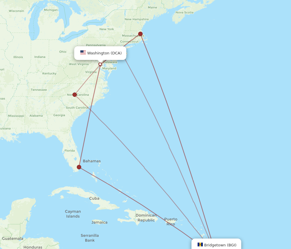 All flight routes from Washington to Bridgetown, DCA to BGI - Flight Routes