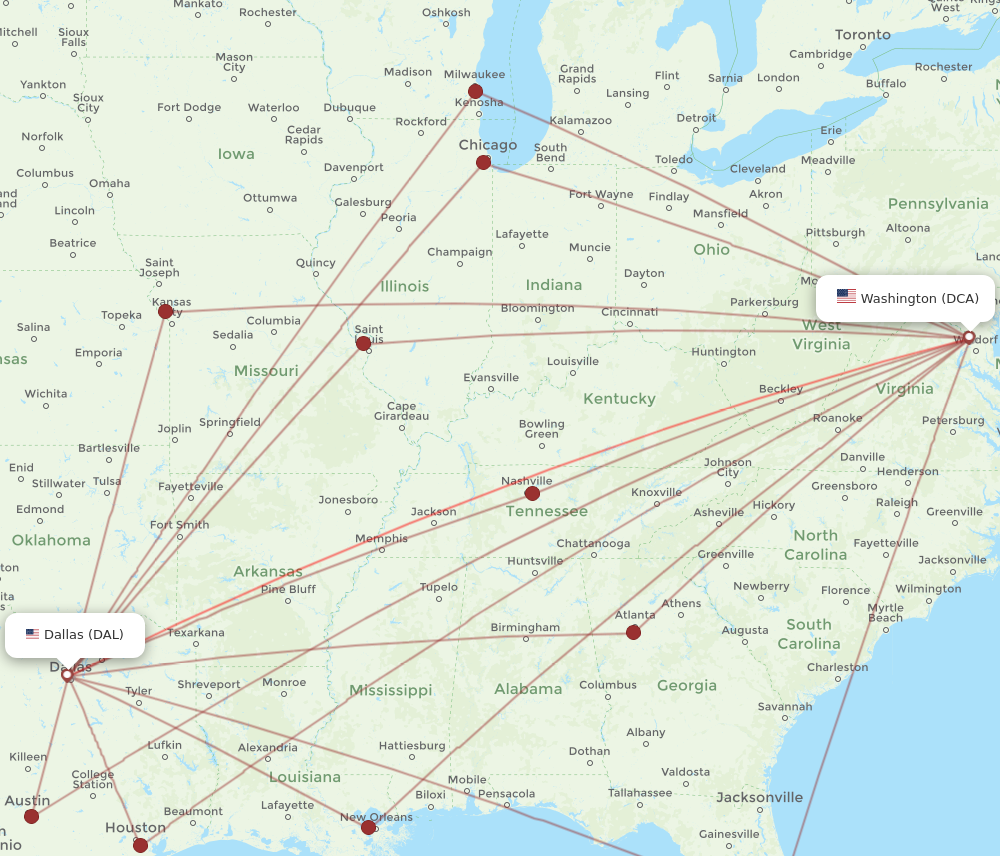 Flights from Washington to Dallas DCA to DAL Flight Routes