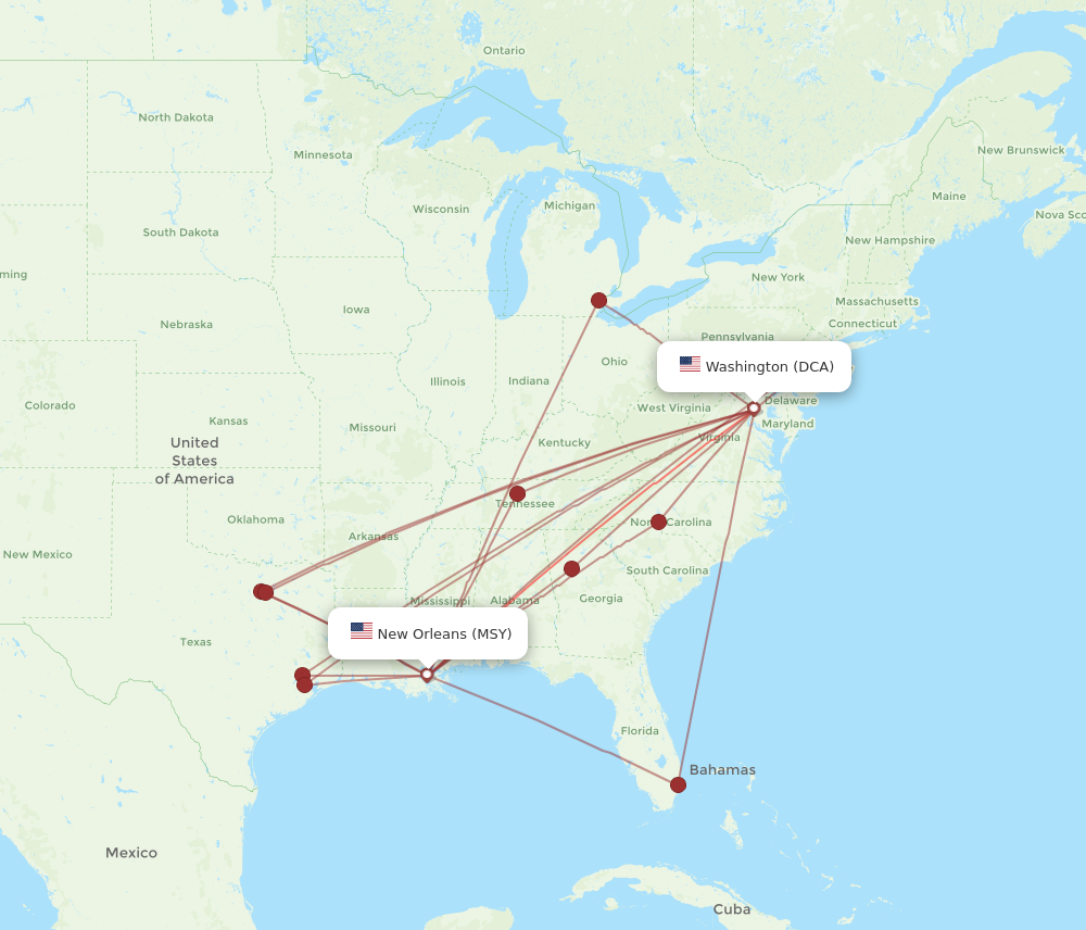 Flights from Washington to New Orleans DCA to MSY Flight Routes