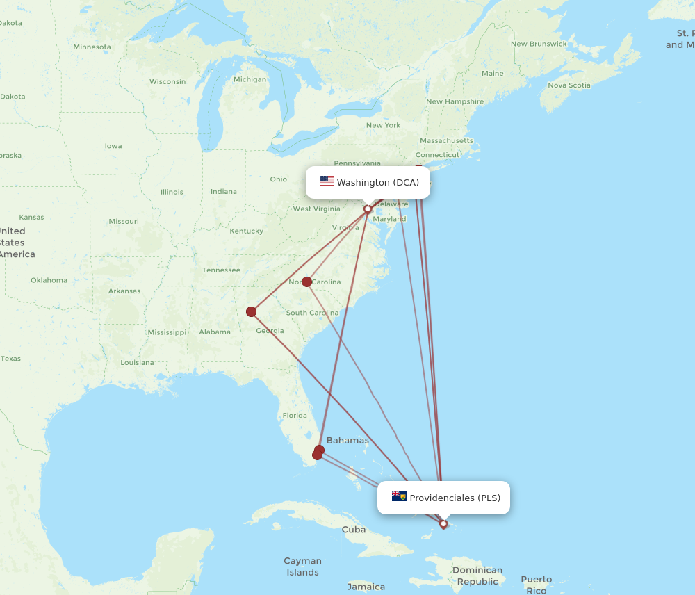 All flight routes from Washington to Providenciales, DCA to PLS ...