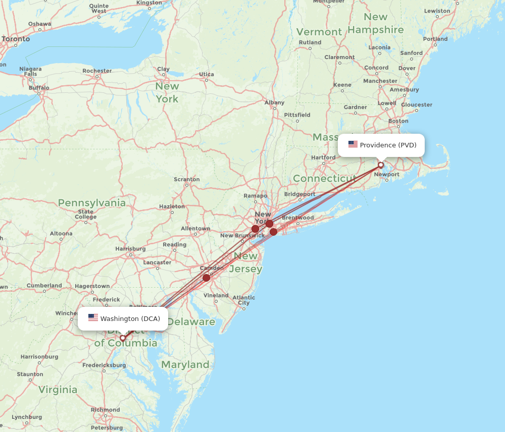 Flights from Washington to Providence DCA to PVD Flight Routes