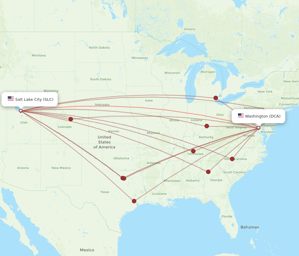 All flight routes from Washington to Salt Lake City, DCA to SLC ...