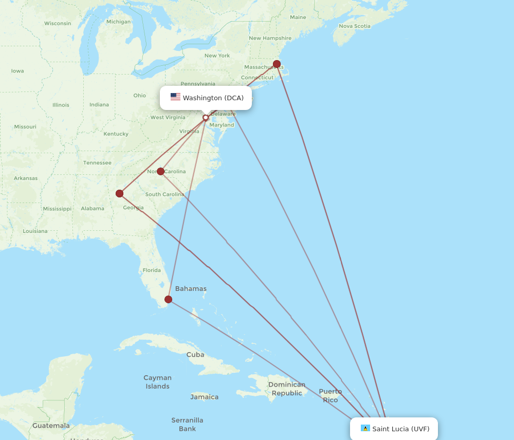 All flight routes from Washington to Saint Lucia, DCA to UVF - Flight ...