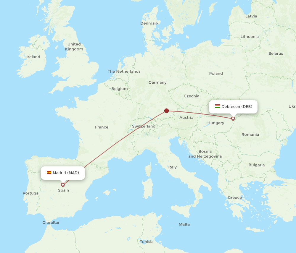 Flights from Debrecen to Madrid DEB to MAD Flight Routes