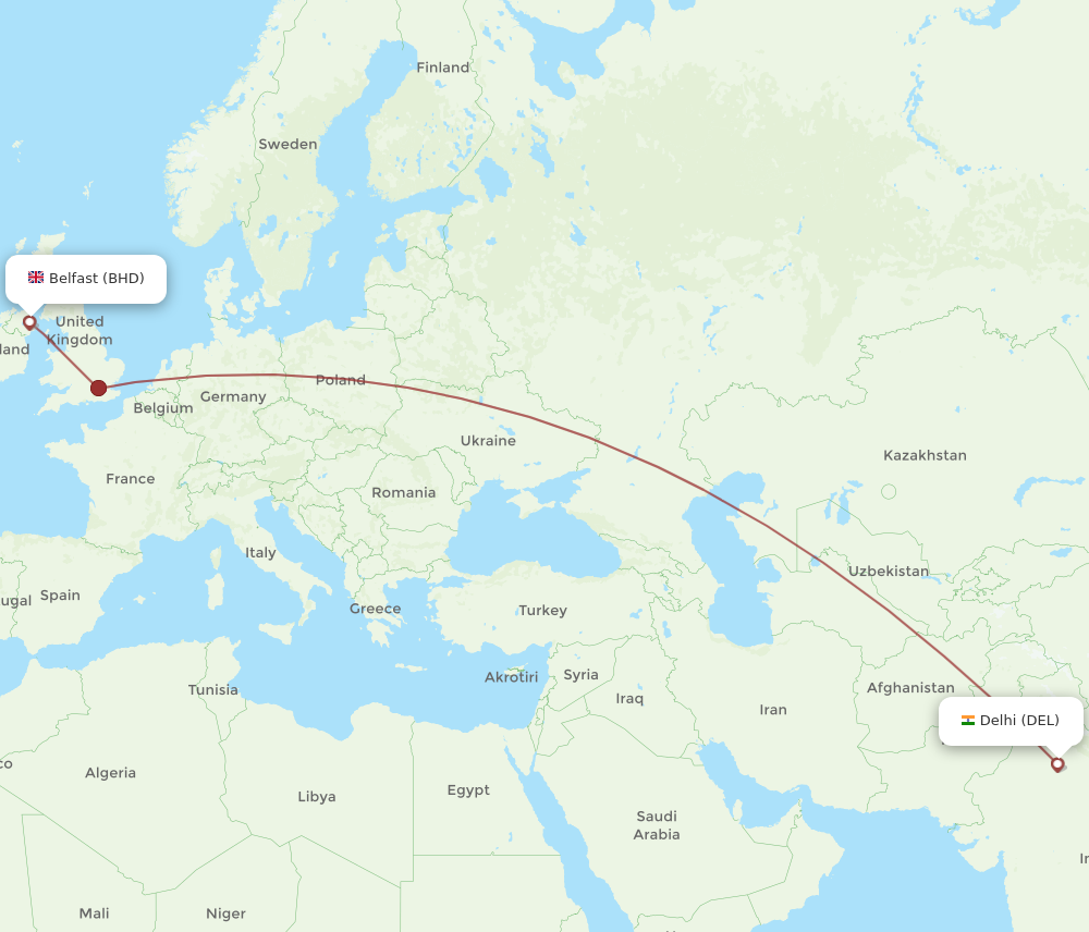 DEL to BHD flights and routes map