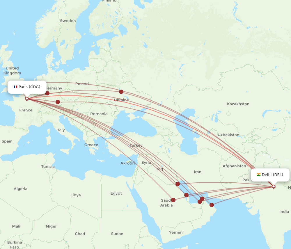 All flight routes from Delhi to Paris, DEL to CDG - Flight Routes