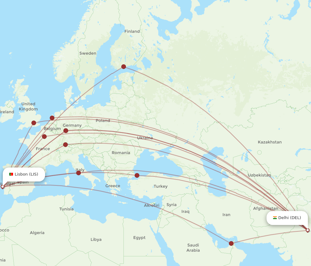 All flight routes from Delhi to Lisbon, DEL to LIS - Flight Routes