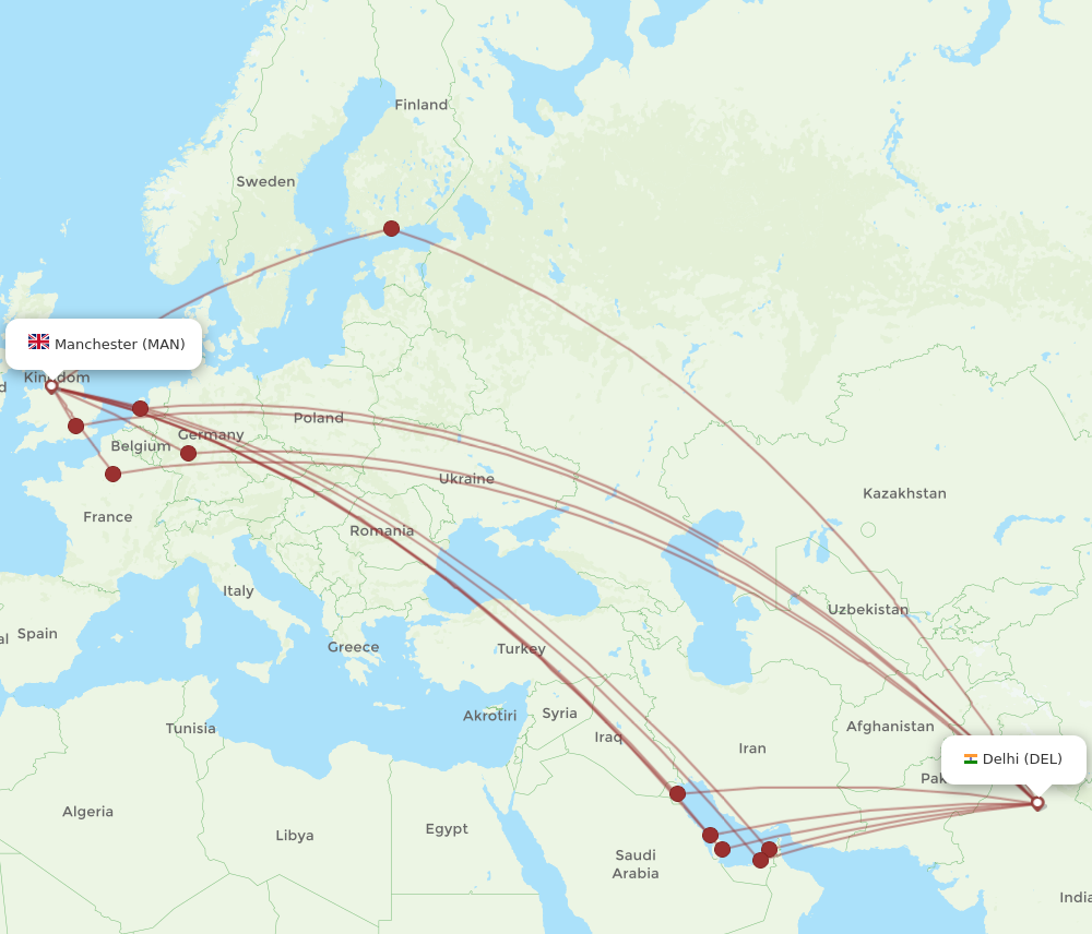 All flight routes from Delhi to Manchester, DEL to MAN - Flight Routes