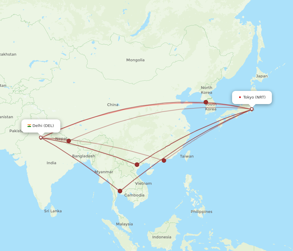 DEL to NRT flights and routes map