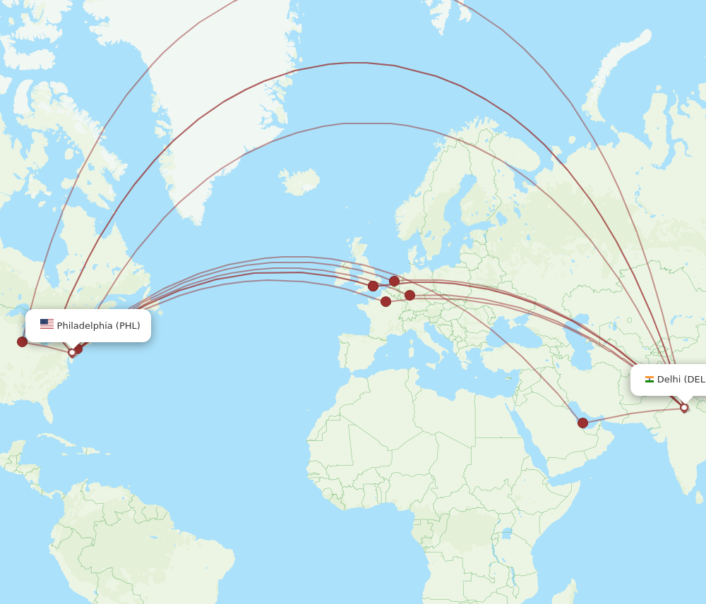 Flights from Delhi to Philadelphia, DEL to PHL - Flight Routes