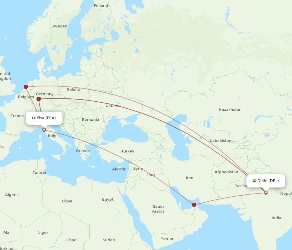 All Flight Routes From Delhi To Pisa, DEL To PSA - Flight Routes