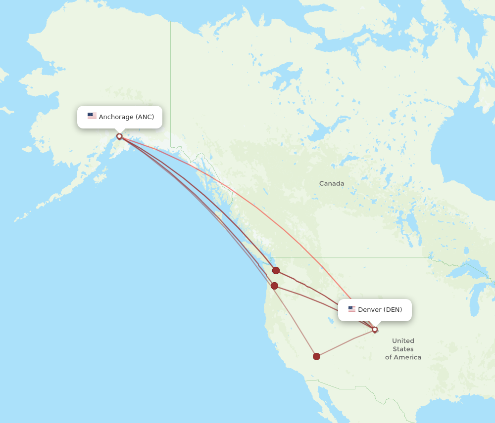 Flights from Denver to Anchorage, DEN to ANC Flight Routes