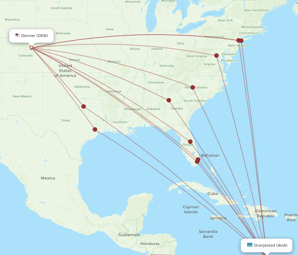 DEN to AUA flights and routes map