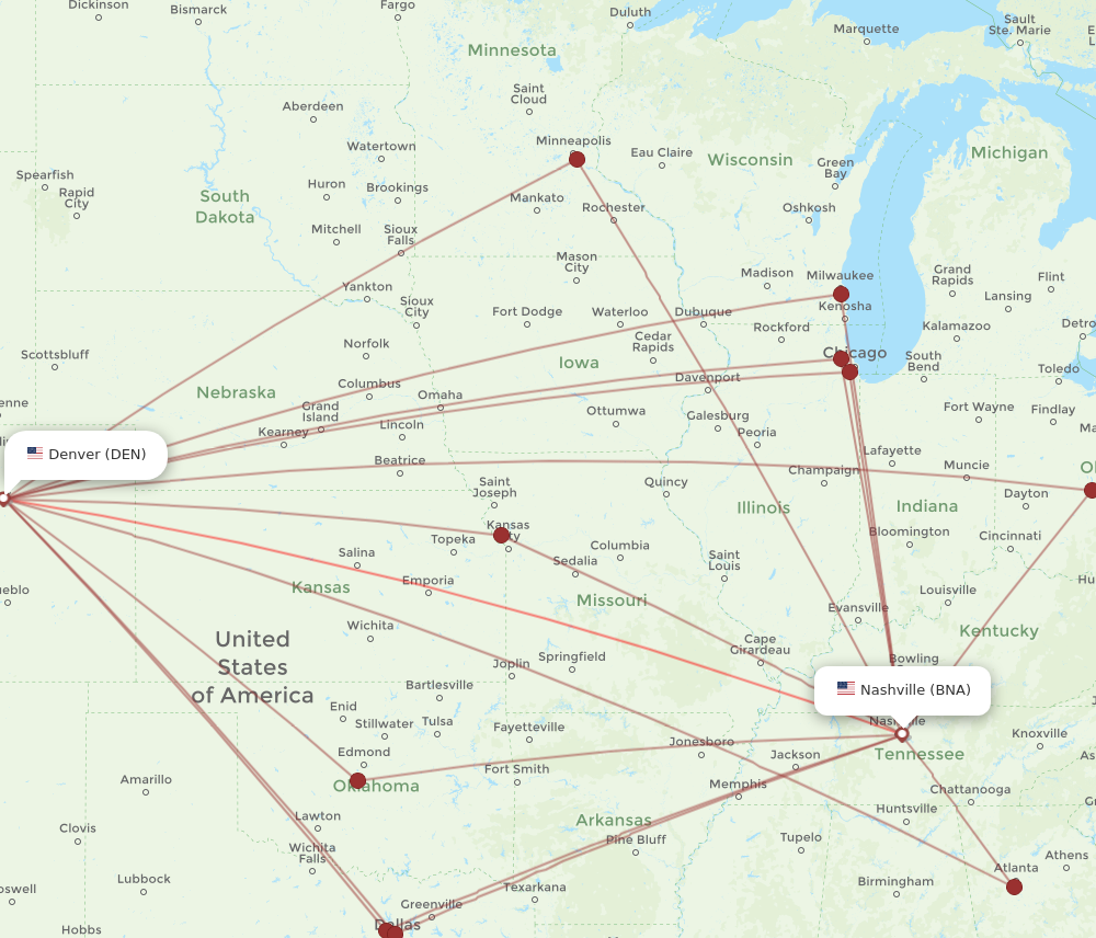 Flights from Denver to Nashville DEN to BNA Flight Routes