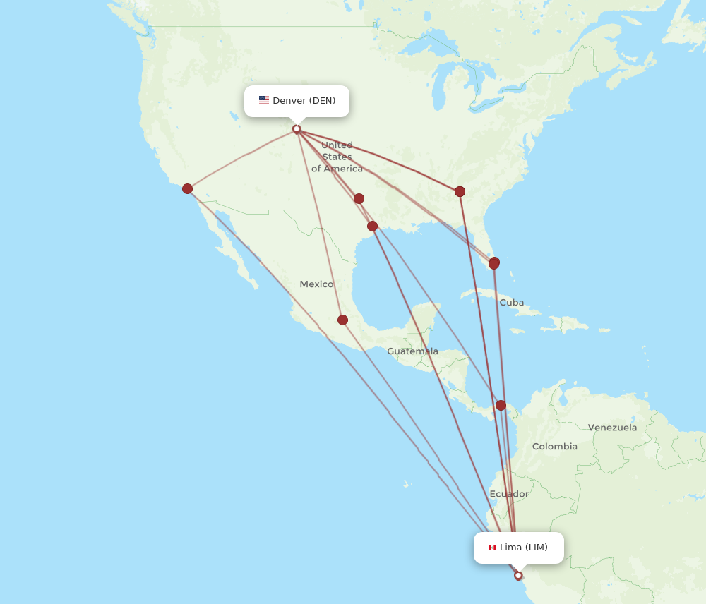 All flight routes from Denver to Lima, DEN to LIM - Flight Routes