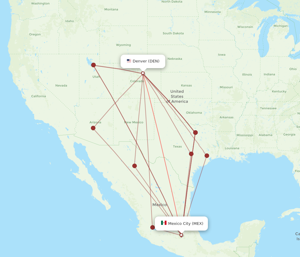 All flight routes from Denver to Mexico City, DEN to MEX - Flight Routes