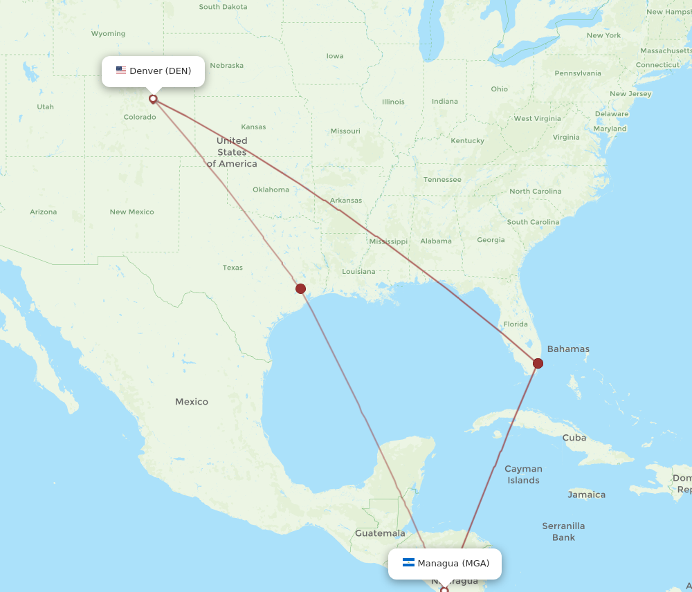 All flight routes from Denver to Managua, DEN to MGA - Flight Routes