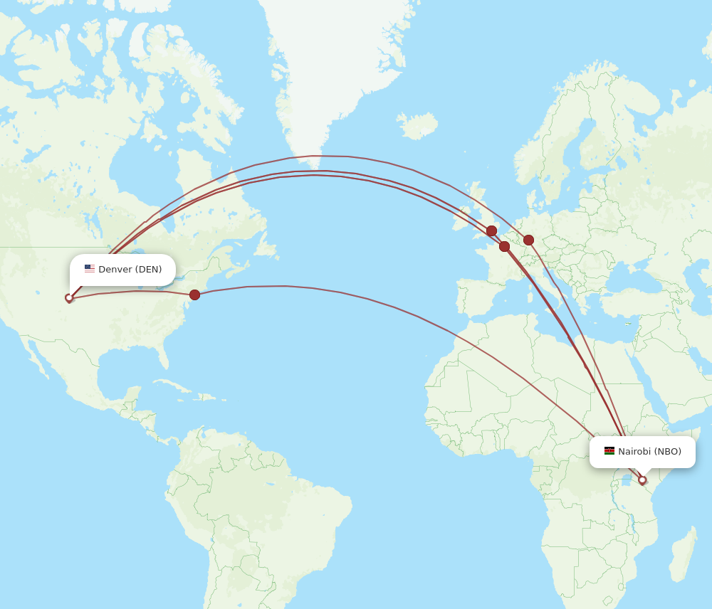 All flight routes from Denver to Nairobi, DEN to NBO Flight Routes