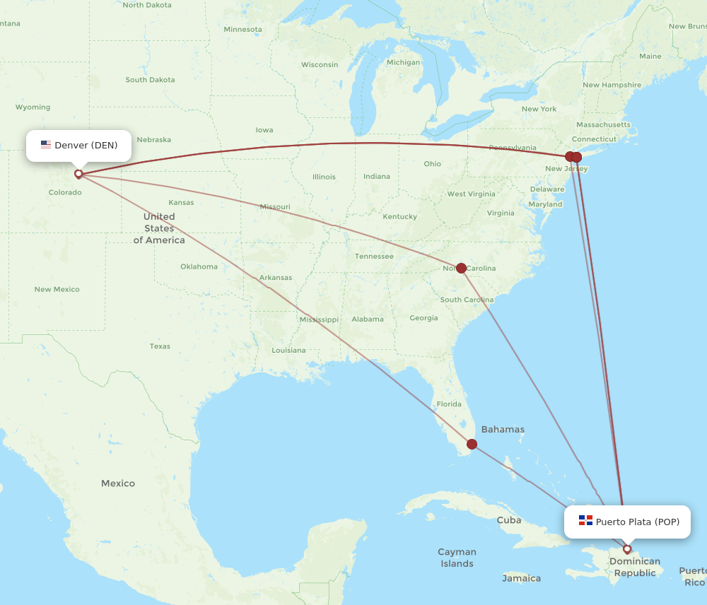 All flight routes from Denver to Puerto Plata, DEN to POP - Flight Routes