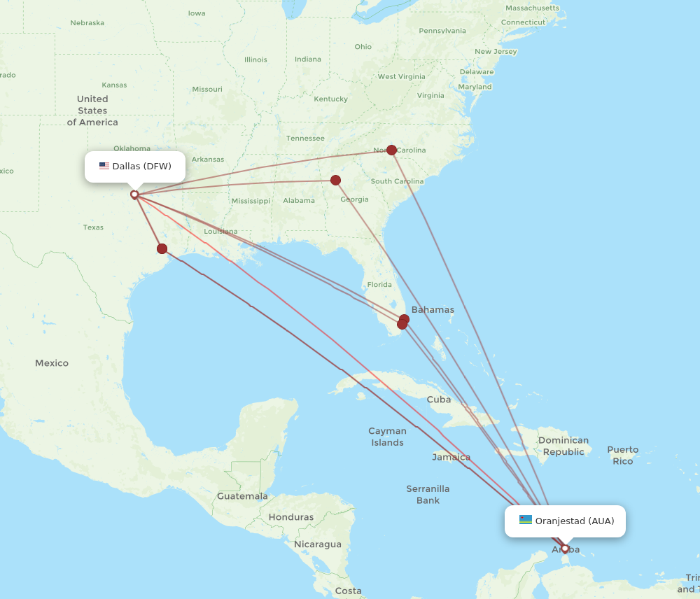 DFW to AUA flights and routes map