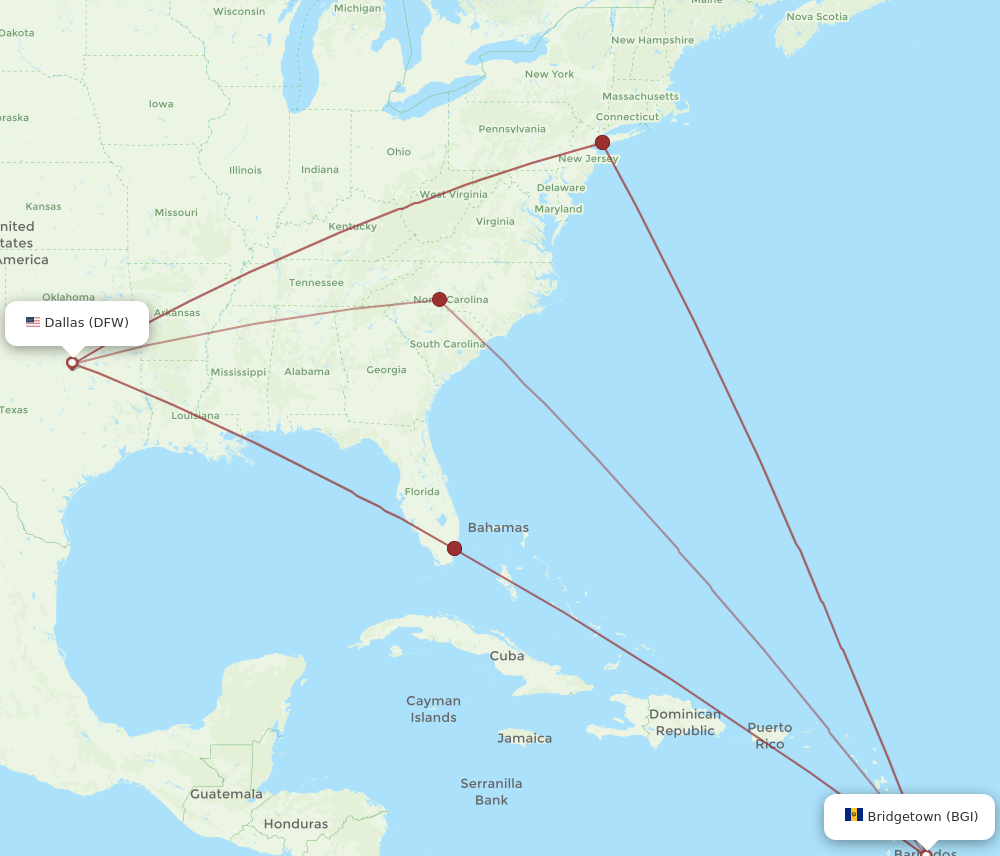 All Flight Routes From Dallas To Bridgetown, DFW To BGI - Flight Routes