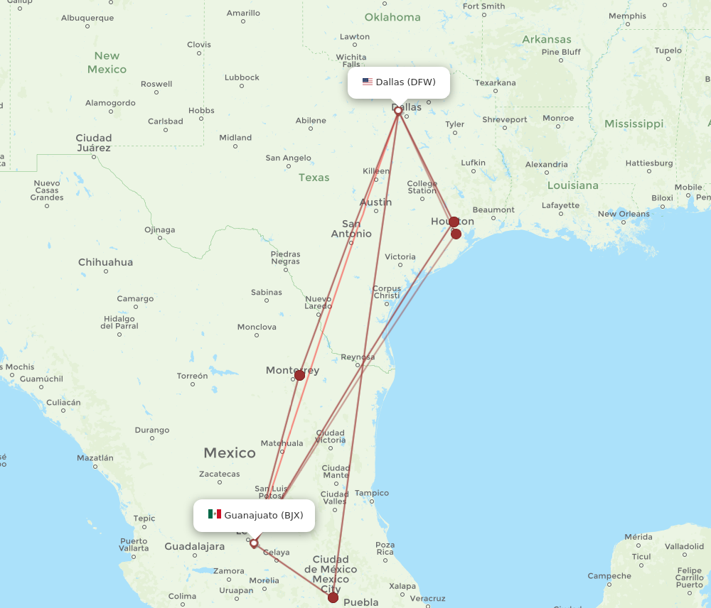 Flights from Dallas to Leon Guanajuato DFW to BJX Flight Routes